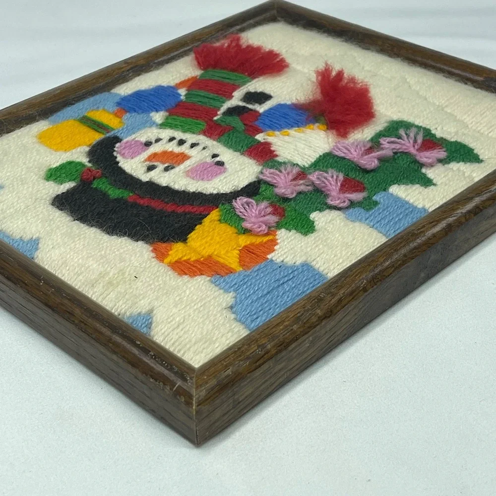 Vintage 1987 Handmade Snowman Crewel Embroidery Framed Christmas Art 8x10